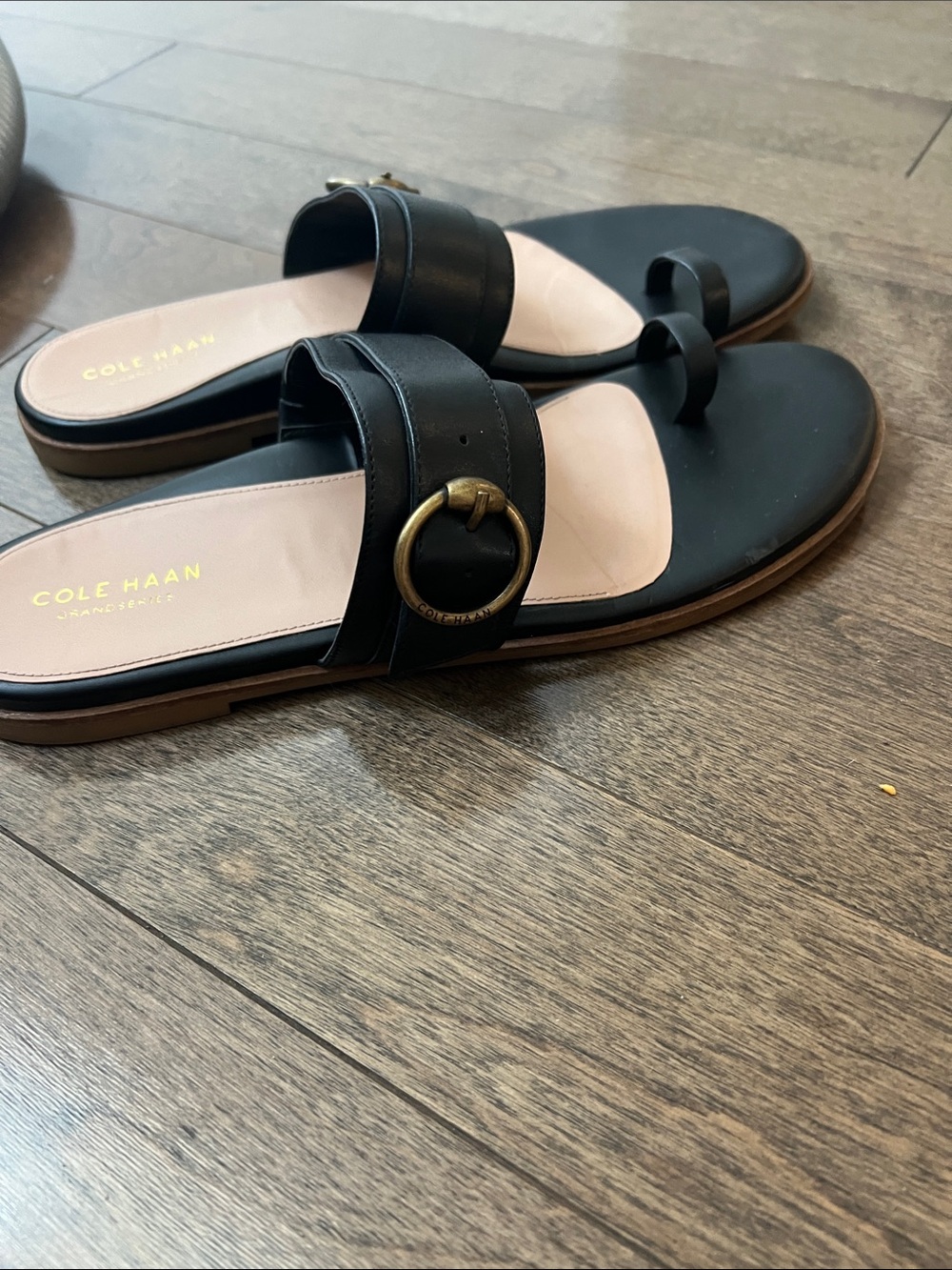 Cole Haan Black Leather Slide Sandals with Decorative Ring